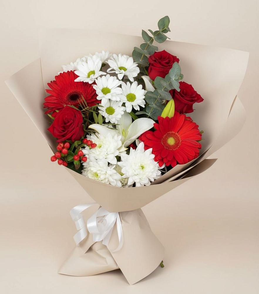 Букет цветов из: Розы, Хризантемы, Герберы и Лилии в Новоалександровске