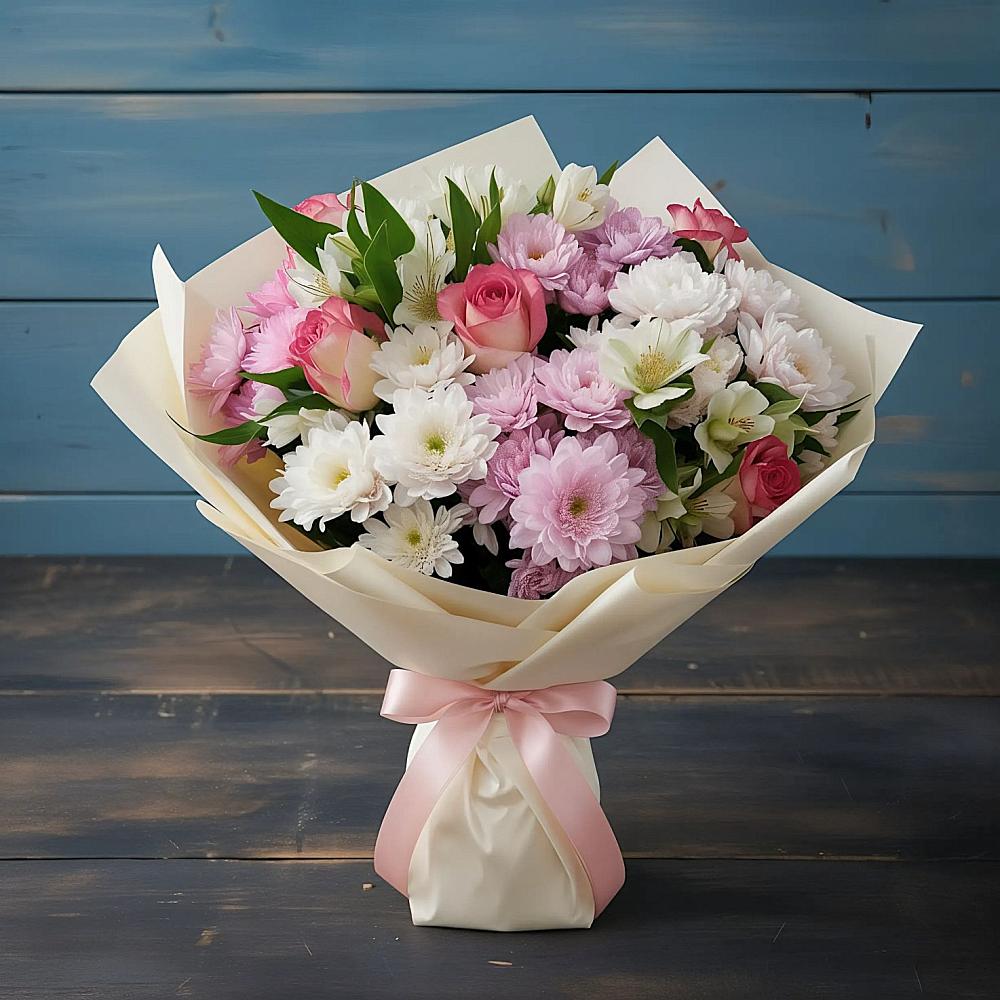 Букет цветов из: Хризантемы, Альстромерии и Розы в Новоалександровске